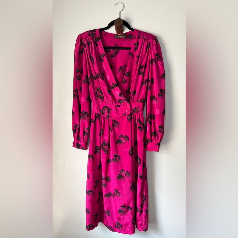 Cheminee New York 80s vintage dress in pink with black print, fits a 4/6